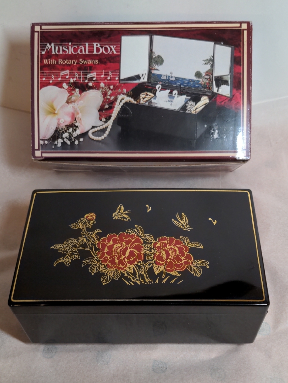 Vintage Black Floral Swans Musical Jewelry Box Gold Red Accents NIB